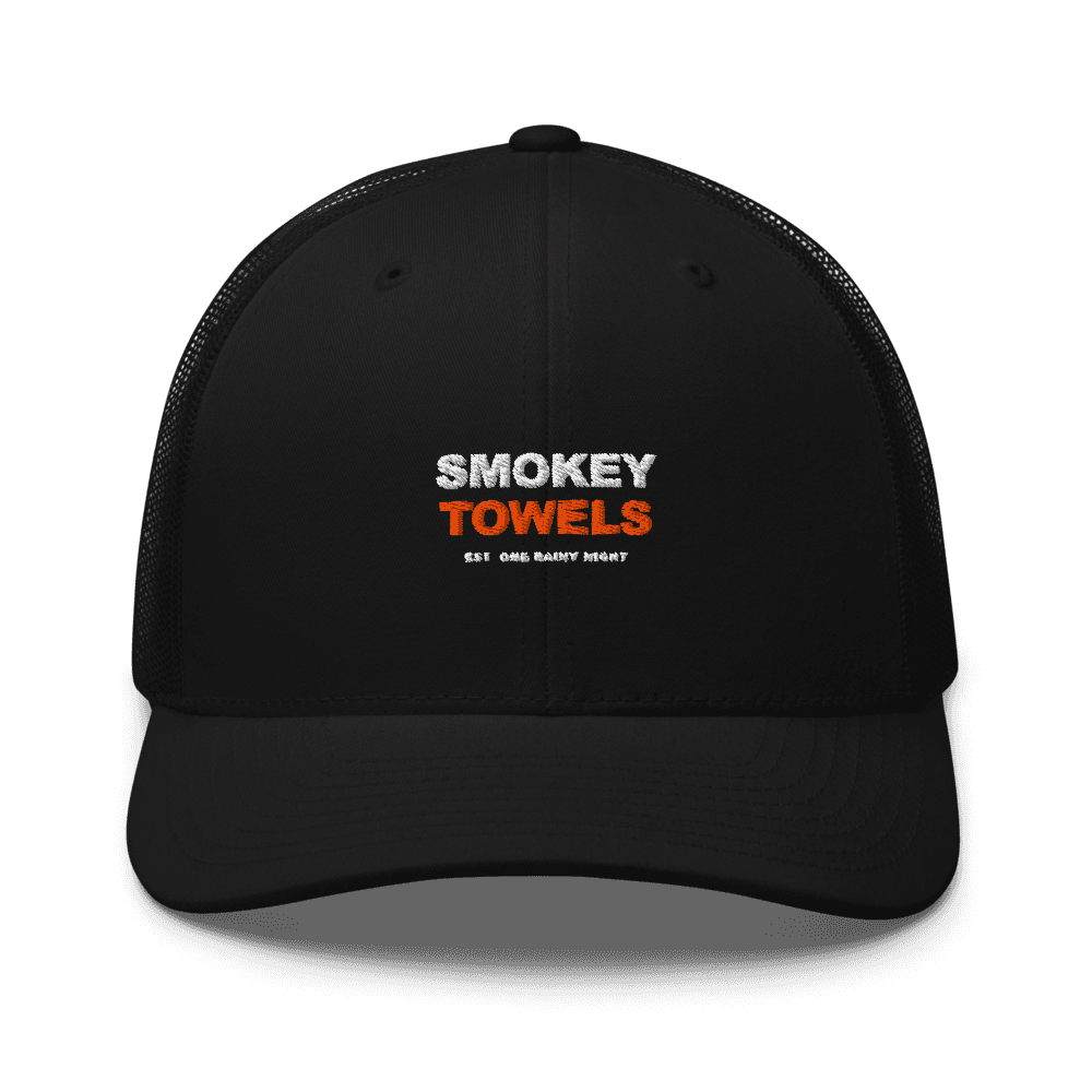 Smokey Towels Retro Trucker Hat in Black — flat / front